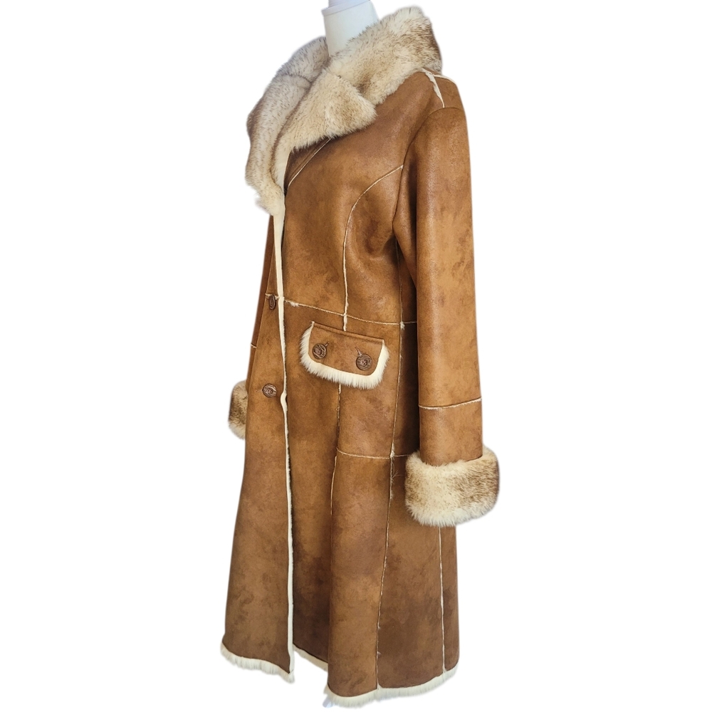 Stunning WILSONS Brown Long Faux Suede Fur Trim Sherpa Shearling Coat Y2K Sz M - Picture 3 of 12